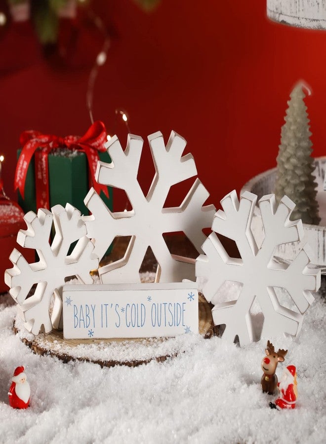 KORMMCO 4 PCS Winter Snowflake Wooden Signs, Winter Farmhouse Decor,White Christmas Decoration Retro Wood Snowflake,for Tiered Tray Decor Centerpiece Table - Image 1
